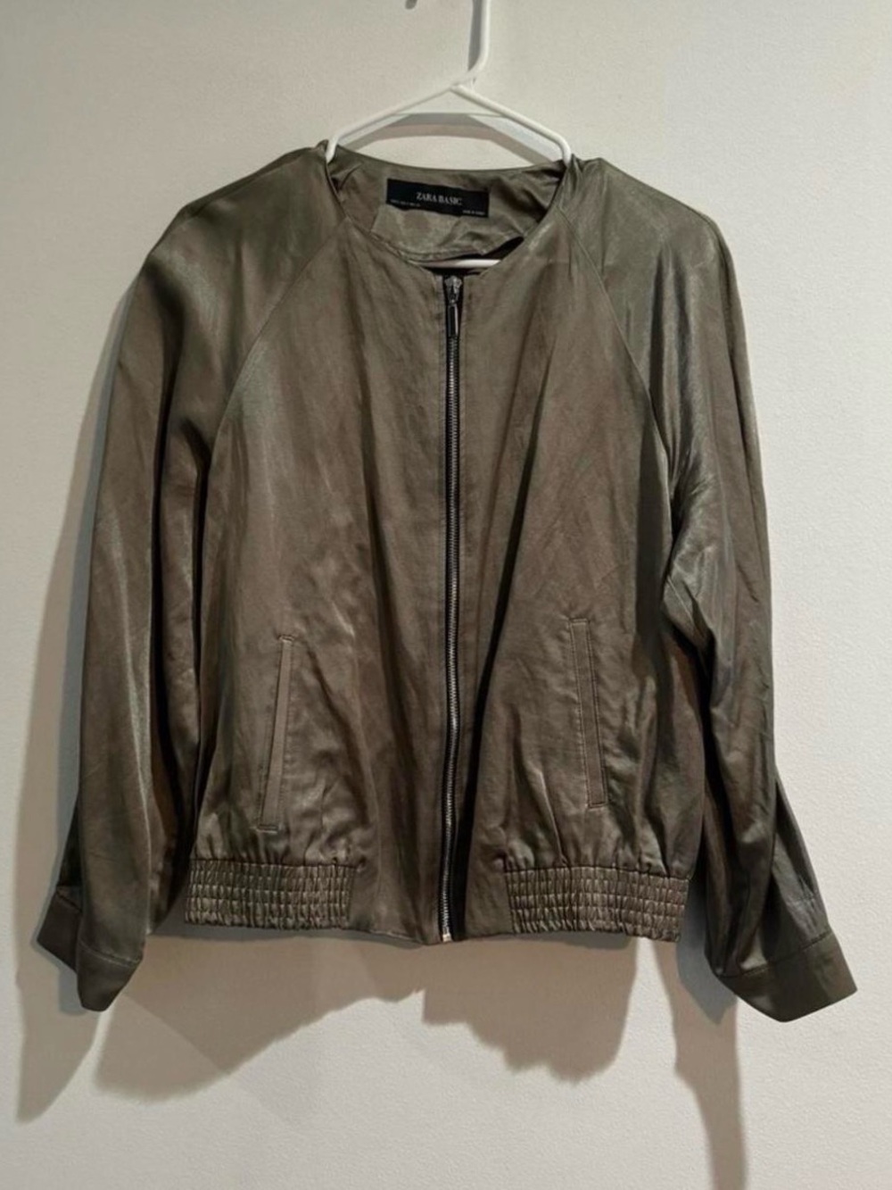 Zara Basic Metallic Sage Green Satin Bomber Jacket Size S